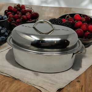 Vintage Vollrath Stainless Steel Vented Roaster with Lid 14" Double Handle Korea